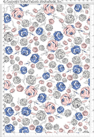 A floral pattern with various sizes of roses and leaves scattered across a white background, creating a delicate, vintage look.