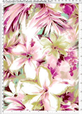 A floral pattern with large hibiscus flowers, leaves, and abstract shapes, featuring a watercolor style.