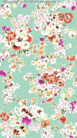 A floral pattern with large poppies and smaller flowers, scattered with leaves on a background. TEAL/CORAL