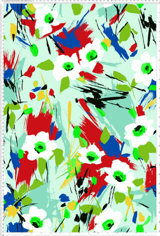 Abstract floral pattern with bold brushstrokes, scattered flowers, leaves, and splashes on a textured background.