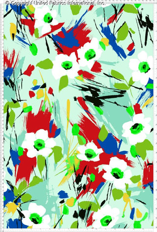 Abstract floral pattern with bold brushstrokes, scattered flowers, leaves, and splashes on a textured background.