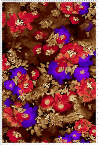A vibrant, symmetrical floral pattern with layered leaves, flowers, and foliage in a tropical style.