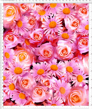 A floral pattern with a mix of large roses and daisies, densely packed with overlapping blooms.