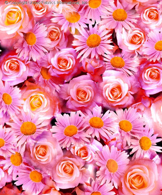 A floral pattern with a mix of large roses and daisies, densely packed with overlapping blooms. RED/FUSHIA/YELLOW