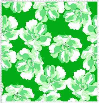 A repeating pattern of large, stylized peony flowers with layered petals and rounded shapes on a solid background.