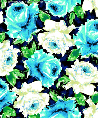 A floral pattern with large roses and leaves on a dark background. BLACK/BLUE/EMERALD