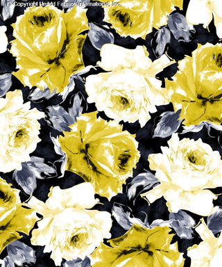 A floral pattern with large roses and leaves on a dark background. BLACK/GREY/YELLOW
