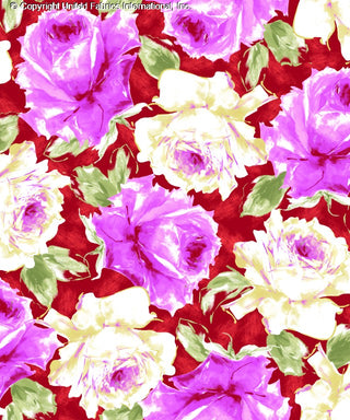 A floral pattern with large roses and leaves on a dark background. RED/FUSHIA/YELLOW