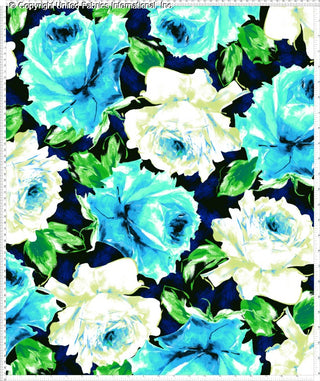 A floral pattern with large roses and leaves on a dark background.