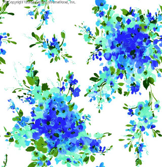 The floral pattern features clusters of peonies and small flowers, surrounded by leaves on a background. GREEN/ROYAL/TURQ