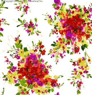 The floral pattern features clusters of peonies and small flowers, surrounded by leaves on a background. GREEN/RED/YELLOW