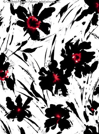 A bold floral pattern with large, abstract flowers and glowing centers, accented by dynamic brushstrokes. BLACK/RED/WHITE