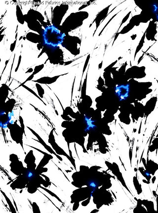 A bold floral pattern with large, abstract flowers and glowing centers, accented by dynamic brushstrokes. BLACK/BLUE/WHITE