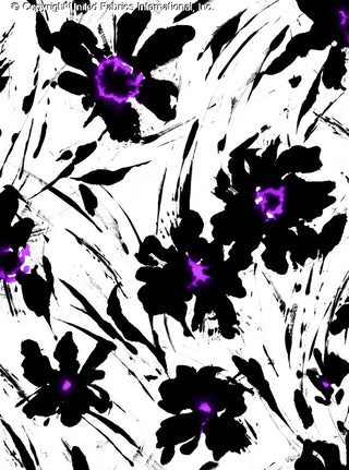 A bold floral pattern with large, abstract flowers and glowing centers, accented by dynamic brushstrokes. BLACK/MAGENTA/WHITE