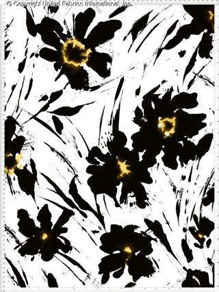 A bold floral pattern with large, abstract flowers and glowing centers, accented by dynamic brushstrokes.