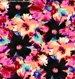 A vibrant floral pattern with large, overlapping flowers and scattered polka dots on a dark background. BLACK/RED/FUSCHIA