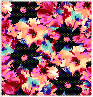 A vibrant floral pattern with large, overlapping flowers and scattered polka dots on a dark background.