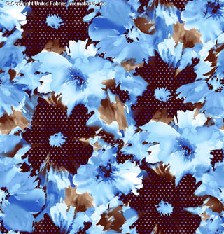 A vibrant floral pattern with large, overlapping flowers and scattered polka dots on a dark background. CHOCO/BLUE/MOCHA