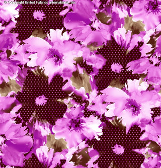 A vibrant floral pattern with large, overlapping flowers and scattered polka dots on a dark background. CHOCO/PINK/MOCHA