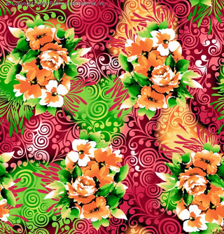 A vibrant floral pattern with large flowers, leaves, and swirling abstract designs in the background. BLACK/RED/ORANGE