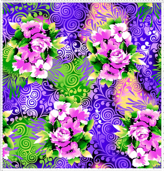 A vibrant floral pattern with large flowers, leaves, and swirling abstract designs in the background. BLACK/PURPLE/FUSHIA