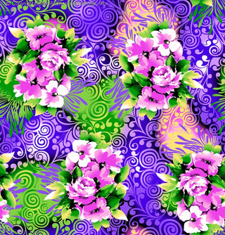 A vibrant floral pattern with large flowers, leaves, and swirling abstract designs in the background. BLACK/PURPLE/FUSHIA