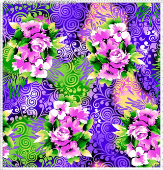 A vibrant floral pattern with large flowers, leaves, and swirling abstract designs in the background.