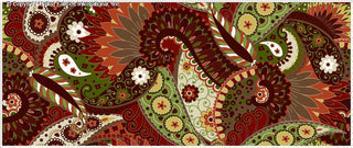 Intricate paisley and floral design with swirling leaves, dots, and layered motifs in a repeating, detailed pattern.