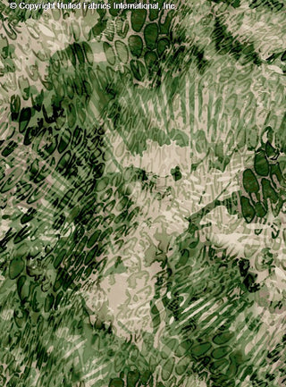 Abstract pattern with overlapping, irregular shapes and swirling lines, featuring faint flower-like forms. BLACK/ARMY/KHAKI