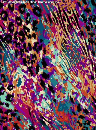 A leopard print pattern with black spots over a mix of abstract, swirling backgrounds. TEAL/FUCHSIA/ORANGE