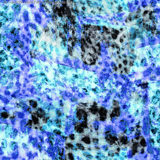 A vibrant, abstract fur-like pattern with swirling, textured patches and a mix of dense and sparse areas. BLACK/BLUE/GREY