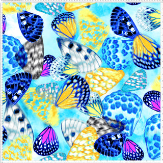 A fabric pattern with overlapping butterfly wings in various sizes, featuring intricate spots, scales, and detailed wing textures. BLACK/TURQ/CORAL