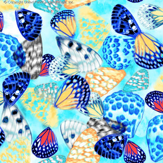 A fabric pattern with overlapping butterfly wings in various sizes, featuring intricate spots, scales, and detailed wing textures. BLACK/TURQ/CORAL