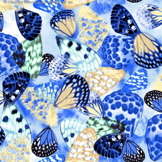 A fabric pattern with overlapping butterfly wings in various sizes, featuring intricate spots, scales, and detailed wing textures. BLACK/DENIM/TAUPE