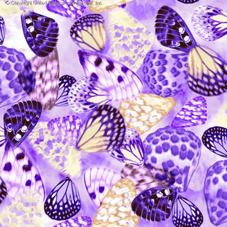 A fabric pattern with overlapping butterfly wings in various sizes, featuring intricate spots, scales, and detailed wing textures. BROWN/PURPLE/LAVANDR