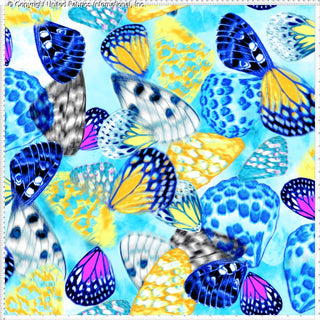 A fabric pattern with overlapping butterfly wings in various sizes, featuring intricate spots, scales, and detailed wing textures.
