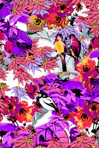 A vibrant floral and bird pattern with large flowers, leaves, and two birds perched on a branch amidst foliage. MAGENTA/FUSHIA/ORANG