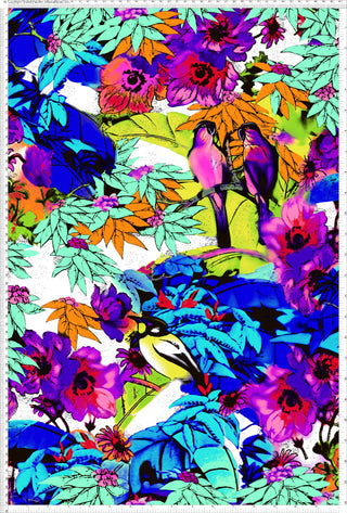 A vibrant floral and bird pattern with large flowers, leaves, and two birds perched on a branch amidst foliage.