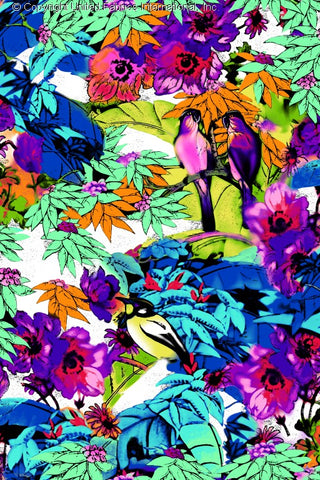 A vibrant floral and bird pattern with large flowers, leaves, and two birds perched on a branch amidst foliage. BLUE/RED/TURQ