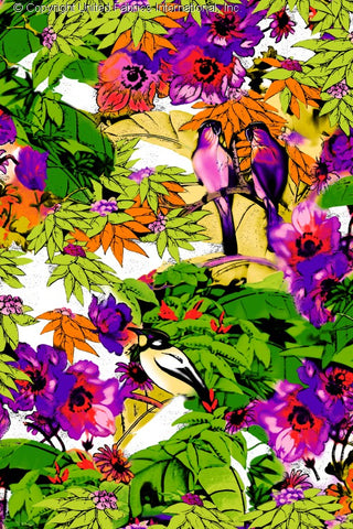 A vibrant floral and bird pattern with large flowers, leaves, and two birds perched on a branch amidst foliage. MAGENTA/RED/GREEN