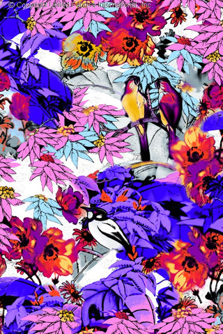 A vibrant floral and bird pattern with large flowers, leaves, and two birds perched on a branch amidst foliage. PURPLE/FUSCHIA/BLUE
