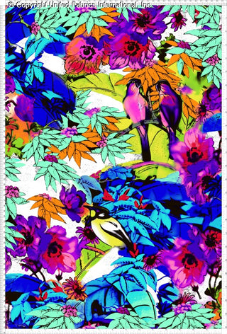 A vibrant floral and bird pattern with large flowers, leaves, and two birds perched on a branch amidst foliage.