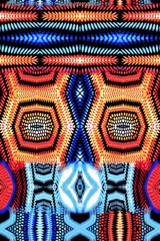 Symmetrical geometric pattern with hexagons, dotted textures, zigzag lines, and diamond shapes. BLUE/RED/SUN