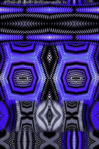 Symmetrical geometric pattern with hexagons, dotted textures, zigzag lines, and diamond shapes. CHARCOAL/PURPLE/GREY