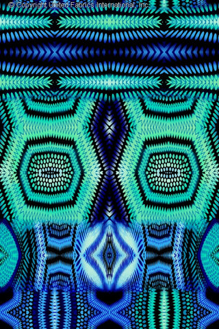 Symmetrical geometric pattern with hexagons, dotted textures, zigzag lines, and diamond shapes. ROYAL/BLUE/ATLANTIS