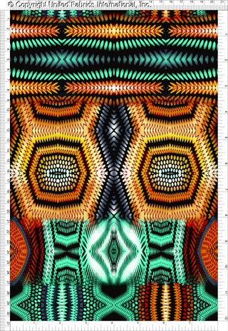 Symmetrical geometric pattern with hexagons, dotted textures, zigzag lines, and diamond shapes.