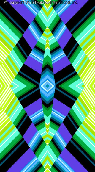 A symmetrical geometric pattern with diamond shapes and radiating lines, creating a kaleidoscope effect. BLUE/PURPLE/LIME