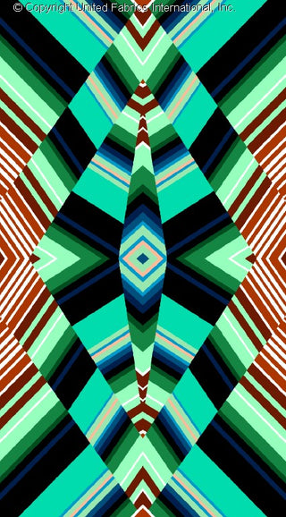 A symmetrical geometric pattern with diamond shapes and radiating lines, creating a kaleidoscope effect. BLUE/RUST/JADE