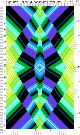 A symmetrical geometric pattern with diamond shapes and radiating lines, creating a kaleidoscope effect.