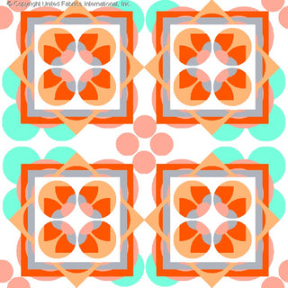 A geometric pattern with four circular floral designs in a diamond grid, framed by layered squares, and surrounded by scattered circles. TURQ/CORAL/WHITE